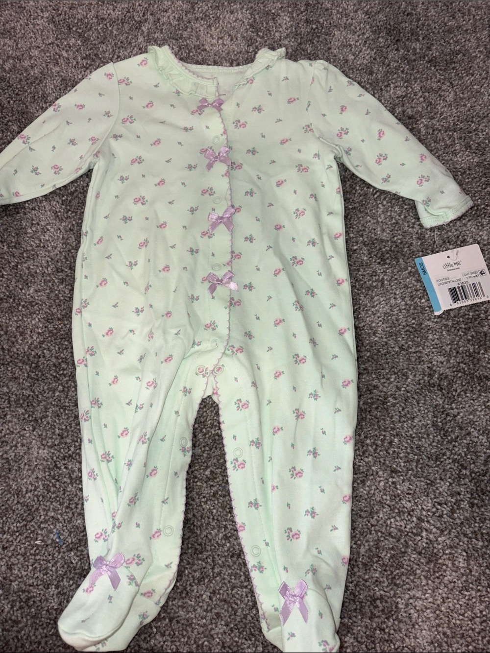 Little Me Mint Floral Footed One-Piece with Lavender Bows